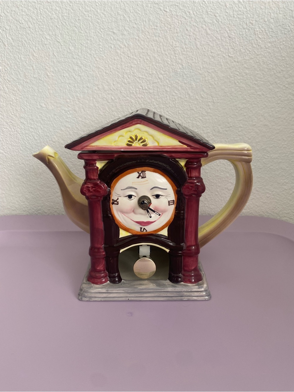 Whimsical Red and Cream Clock Teapot Decorative Wall Accent